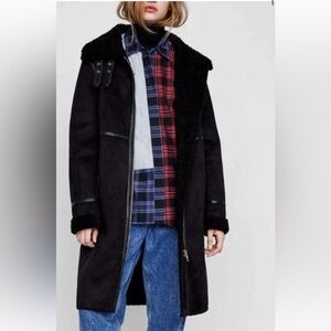 Zara Outerwear Black Faux Shearling Turn-Down Collar Zipper Pocket Coat size XS